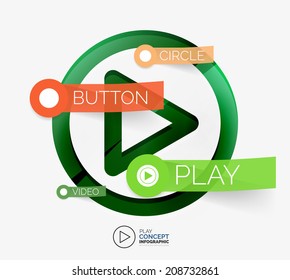 Vector play button infographic concept. Modern line art icon design with cloud tags on transparent sticky notes