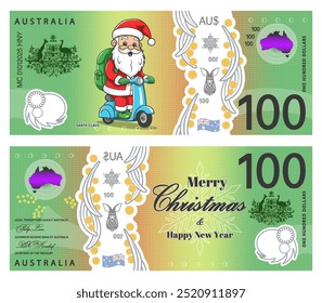 Vector play holiday money. Obverse and reverse of 100 Australian dollar banknote. Certificate denomination of one hundred dollars. Merry Christmas and Happy new year. Toon Santa Claus on a scooter.