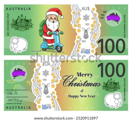 Vector play holiday money. Obverse and reverse of 100 Australian dollar banknote. Certificate denomination of one hundred dollars. Merry Christmas and Happy new year. Toon Santa Claus on a scooter.