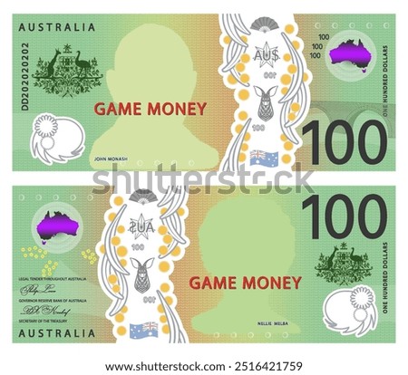 Vector play money. Obverse and reverse of 100 Australian dollar banknote. Business flyers. Certificate denomination of one hundred dollars. Finance and economics.