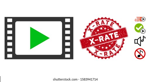 Vector play movie icon and rubber round stamp seal with X-Rate text. Flat play movie icon is isolated on a white background. X-Rate stamp seal uses red color and scratched texture.