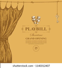 Vector playbill with place for text, theater curtain and theater masks in retro style. Hand-drawn illustration on the theme of modern theatrical art, grand opening