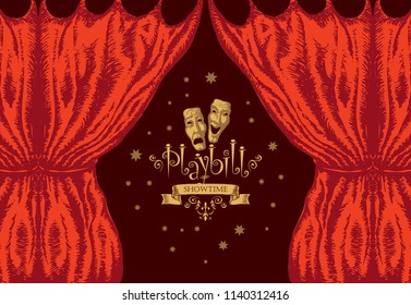 Vector playbill with red theater curtain and theater masks in retro style. Hand-drawn illustration on the theme of modern theatrical art