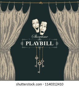 Vector playbill with a theater curtain and theater masks in retro style. Hand-drawn illustration on the theme of modern theatrical art