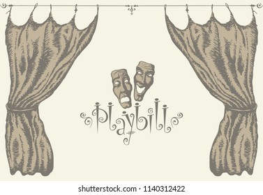 Vector playbill with a theater curtain and theater masks in retro style. Hand-drawn illustration on the theme of modern theatrical art