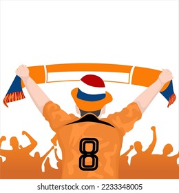 vector player supporter jersey orange holding sale flag in hand supporting his country, flat design.