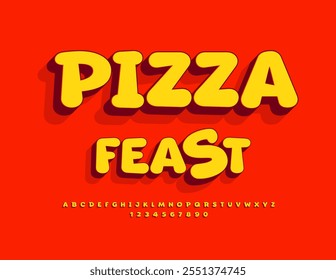 Anúncio de vetor brincalhão Pizza Feast. Fonte Brilhante Moderna. Letras e números de alfabeto 3D criativos definidos.