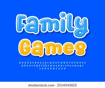 Vector playful badge Family Games. Bright Glossy Font. Creative Alphabet Letters and Numbers set.