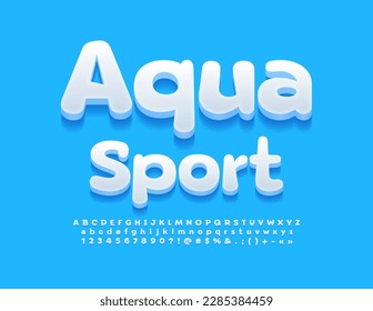 Vector playful banner Aqua Sport. Funny White Font. 3D set of cute Alphabet Letters, Numbers and Symbols
