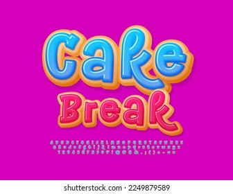 Vector playful banner Cake Break. Sweet Donut Font. Delicious Alphabet Letters and Numbers