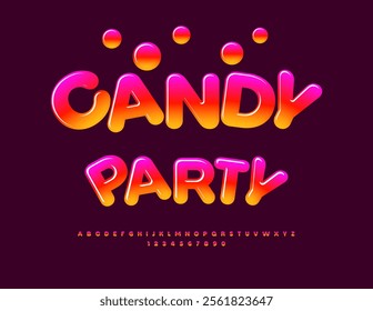 Vector playful banner Candy Party. Color gradient Font. Jelly sweet Alphabet Letters and Numbers set