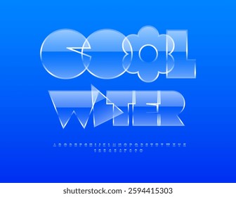 Vector Playful banner Cool Water with Stylish Flower. Crystal style Font. Fashion Glass Alphabet Letters and Numbers set.