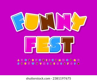 Vector playful banner Funny Fest. Glossy Colorful Font for Kids. Funny Bright Alphabet Letters, Numbers and Symbols set.