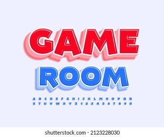 Vector playful banner Game Room. 3D Blue Font. Comic style Alphabet Letters and Numbers set