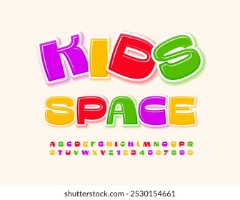 Vector juguetón Anuncio Niños Espacio. Fuente de Bright Children. Conjunto de letras y números de alfabeto brillante.