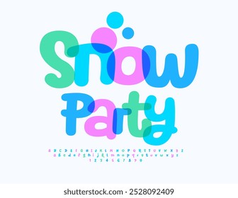 Vector playful banner Snow Party. Colorful handwritten Font. Artistic Alphabet Letters and Numbers set.