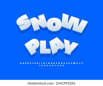 Vector playful banner Snow Play. White 3D Font. Funny Winter Alphabet Letters and Numbers set.