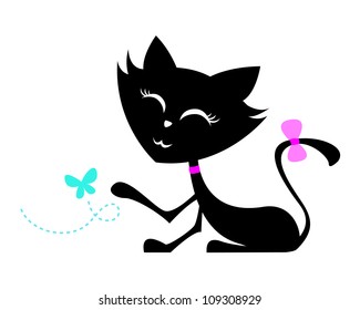 A Vector Playful Black Cat Isolated on White Background