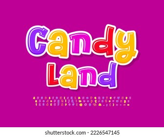 Vector playful emblem Candy Land. Funny handwritten Font. Bright Glossy Alphabet Letters and Numbers