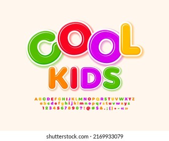 Vector playful Emblem Cool Kids.   Trendy colorful Font. Artistic Alphabet Letters and Numbers set