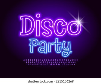 Vektor spielerische Emblem Disco Party. Leuchtende Schriftart. Helle Neon Alphabet Buchstaben, Zahlen und Symbole Set