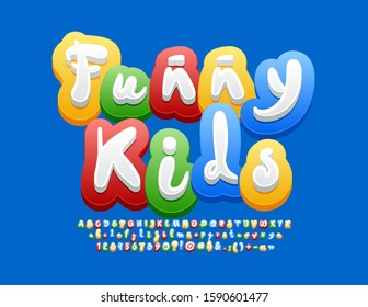 Vector playful Emblem Funny Kids. Colorful handwritten Font. Bright Alphabet Letters, Numbers and Symbols