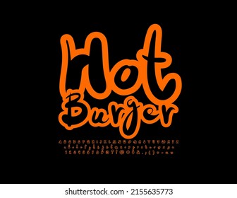 Vector playful Emblem Hot Burger. Handwritten bright Font. Creative Alphabet Letters, Numbers and Symbols set