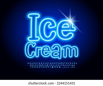 Vector Playful emblem Ice Cream. Funny Neon Font. Blue Glowing Alphabet Letters and Numbers