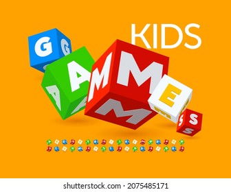 Vector playful emblem Kids Games. Colorful Cubes Alphabet Letters and Numbers set. Toy Blocks Font