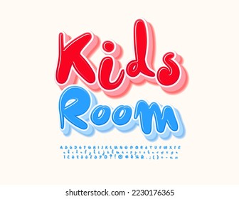 Vector playful Emblem Kids Room. Funny Blue 3D Font. Bright handwritten Alphabet Letters, Numbers and Symbols.