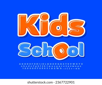 Vector playful emblem Kids School. Blue glossy Font. Modern Alphabet Letters, Numbers and Symbols.