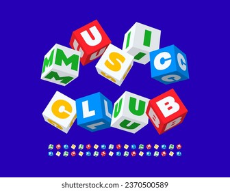 Vector playful emblem Music Club. Colorful 3D cube Font. Bright blocks Alphabet Letters and Numbers set