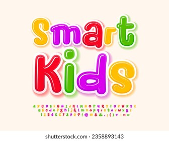 Vector playful Emblem Smart Kids. Colorful glossy Font. Bright handwritten Alphabet Letters and Numbers set