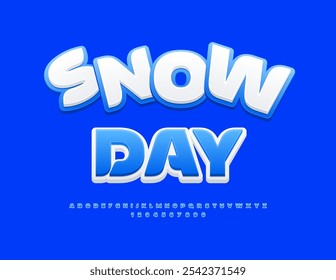 Vector playful emblem Snow Day. Stylish Blue Font. Children style funny Alphabet Letters and Numbers set.