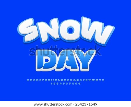 Vector playful emblem Snow Day. Stylish Blue Font. Children style funny Alphabet Letters and Numbers set.