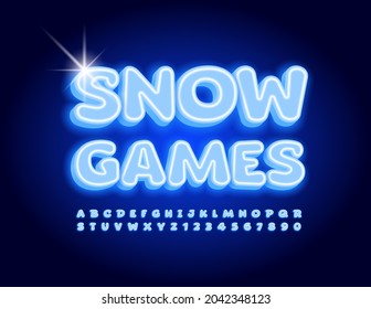 Vector playful emblem Snow Games. Blue glowing Font. Illuminated 3D Alphabet Letters and Numbers set