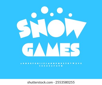 Vector playful emblem Snow Games with Big White Font. Cute Alphabet Letters and Numbers set