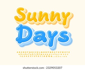 Vector playful Emblem Sunny Days. Funny Yellow Font. Glossy 3D Alphabet Letters and Numbers for Children.
