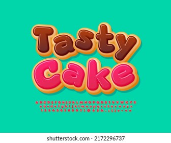 Vector playful emblem Tasty Cake. Sweet Donut Font. Delicious Alphabet Letters and Numbers set. 