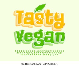 Vector playful Emblem Tasty Vegan. Funny Green Font. Modern 3D Alphabet Letters and Numbers set