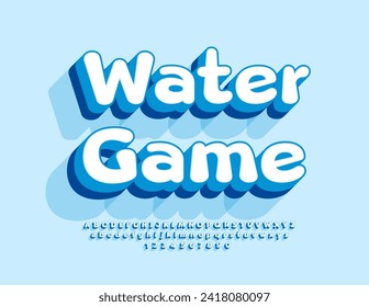 Juego de agua con emblema vectorial. Fuente divertida 3D. Conjunto creativo de letras y números de alfabeto cómico