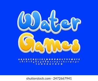 Vector playful emblem Water Games. Funny Yellow Font. Artistic Alphabet Letters and Numbers set.