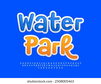 Vector playful emblem Water Park.   Blue sticker Font. Funny Bright Alphabet Letters and Numbers set. 