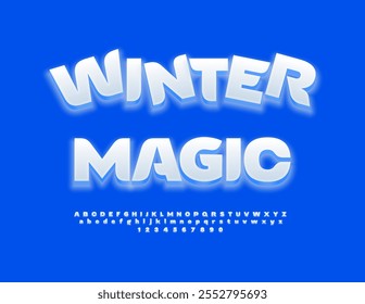 Vector playful emblem Winter Magic. Glowing White Font. Snow style Alphabet Letters and Numbers set. 