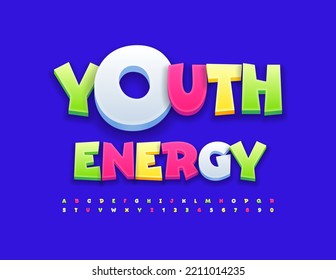 Vector playful emblem Youth Energy. Creative bright Font. Colorful 3D Alphabet Letters and Numbers set