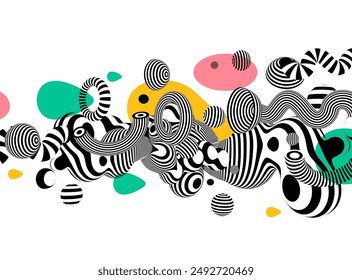 Vector playful festive banner design. Abstract black and white striped flowing shapes with retro colored floating accents.