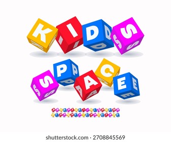 Vector Juguetón Flayer Niños Espacio. Fuente de cubo 3D para niños. Bloques de colores Conjunto de letras y números del alfabeto