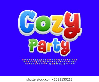 Vektor verspielte Flyer Cozy Party. Lustige bunte 3D-Schriftart. Buchstaben und Zahlen des kreativen Alphabets.