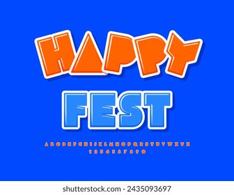 Vector playful flyer Happy Fest. Creative Glossy Font. Modern set of Alphabet Letters and Numbers.