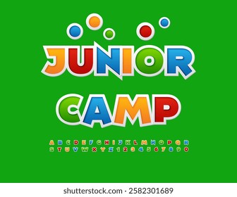 Vector Playful flyer Junior Camp. Bright creative Font. Colorful set of Alphabet Letters and Numbers